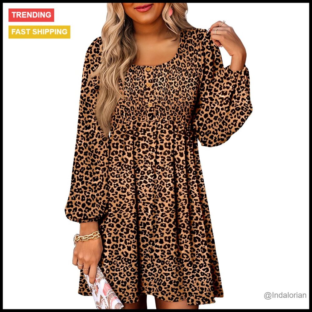 Long Sleeve Mini Dress Smocked Empire Waist A-Line Casual Elegant Chic